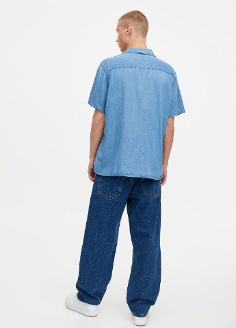 Сорочка Pull&Bear однотонна блакитна джинсова ліоцелл