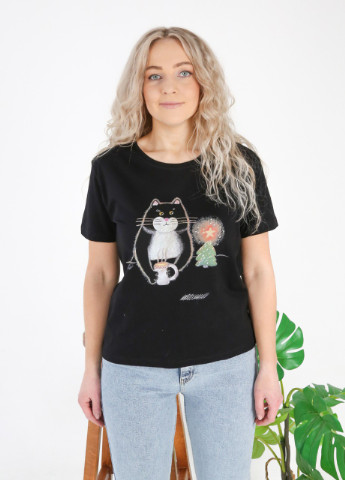 Черная всесезон футболка женская черная короткая с котом X-trap Прямая