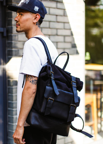 Функциональный рюкзак ручной работы из хлопка и натуральной винтажной кожи черного цвета Boorbon (253351911)