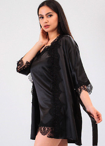 Чорний демісезонний комплект (нічна сорочка, халат) Ghazel