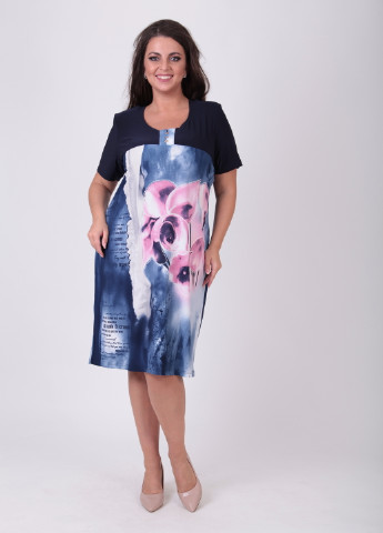 Синее кэжуал платье трикотажное с цветочным принтом синее BABOCHKA XL Collection с цветочным принтом