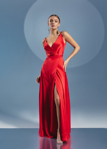 Красное вечернее красное шелковое платье с разрезом Gepur однотонное