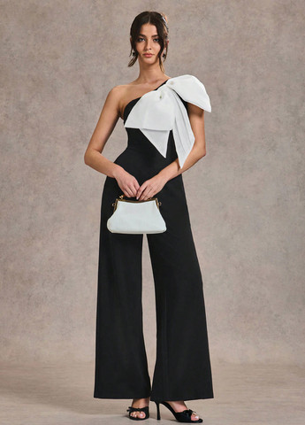 Комбинезон SHEIN комбинезон-брюки колор блок чёрно-белого вечерний, кэжуал полиэстер