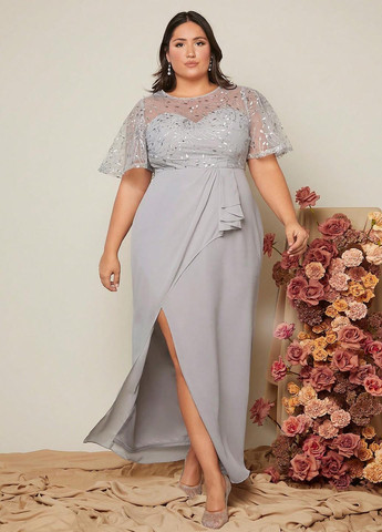 Серое вечернее платье на запах SHEIN однотонное