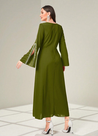 Оливковое (хаки) коктейльное платье SHEIN однотонное