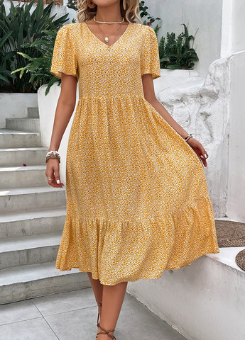 Горчичное кэжуал платье а-силуэт SHEIN с цветочным принтом