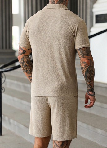 Бежевый демисезонный костюм (поло, брюки) с шортами SHEIN