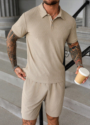 Бежевый демисезонный костюм (поло, брюки) с шортами SHEIN