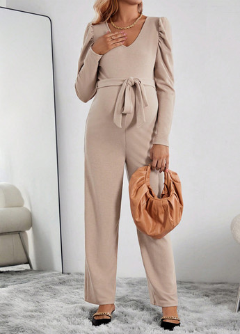 Комбінезон для вагітних SHEIN комбінезон-брюки однотонний світло-бежевий кежуал поліестер