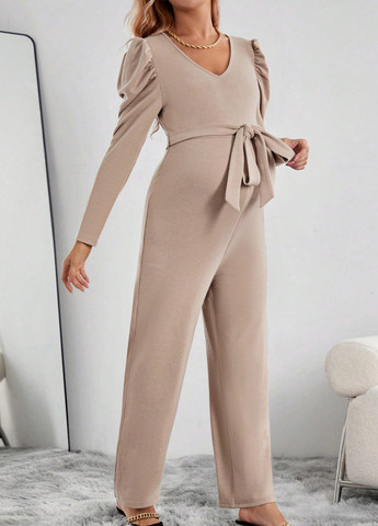 Комбінезон для вагітних SHEIN комбінезон-брюки однотонний світло-бежевий кежуал поліестер