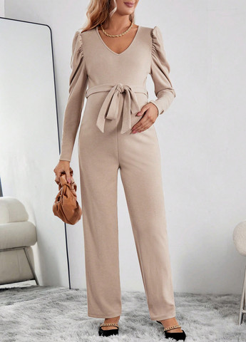 Комбінезон для вагітних SHEIN комбінезон-брюки однотонний світло-бежевий кежуал поліестер