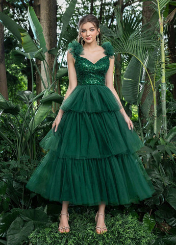 Темно-зеленое праздничный, вечернее платье с пышной юбкой SHEIN однотонное