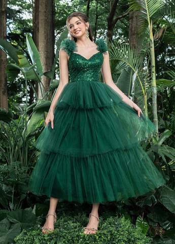 Темно-зеленое праздничный, вечернее платье с пышной юбкой SHEIN однотонное