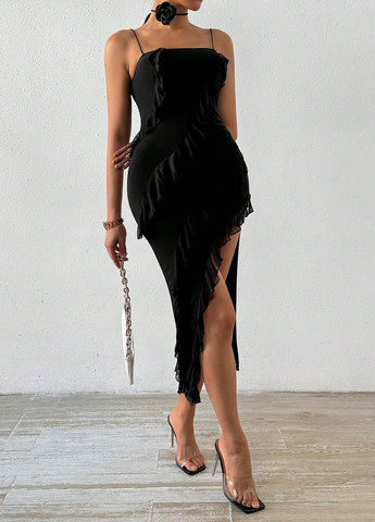 Черное вечернее платье футляр, с открытой спиной SHEIN однотонное