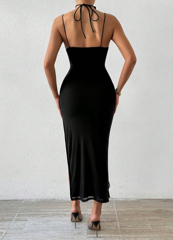 Черное вечернее платье футляр, с открытой спиной SHEIN однотонное