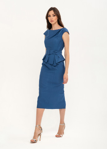 Синее деловое платье футляр, с баской BGL однотонное