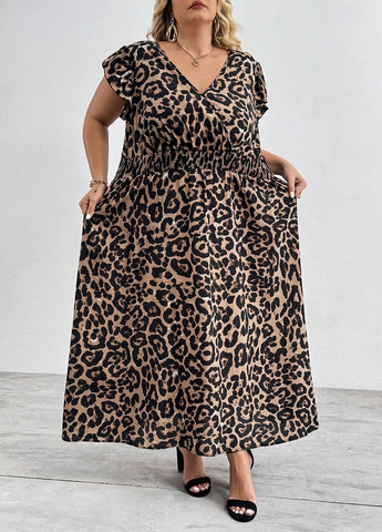 Светло-коричневое кэжуал платье клеш SHEIN леопардовый