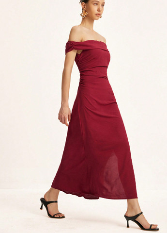 Красное вечернее, кэжуал платье с открытыми плечами, бандо SHEIN однотонное