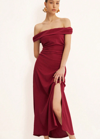 Красное вечернее, кэжуал платье с открытыми плечами, бандо SHEIN однотонное