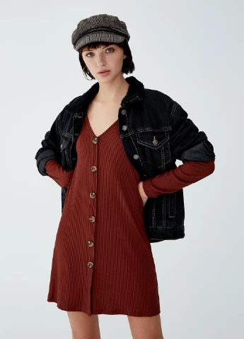 Коричневое кэжуал платье а-силуэт Pull & Bear однотонное