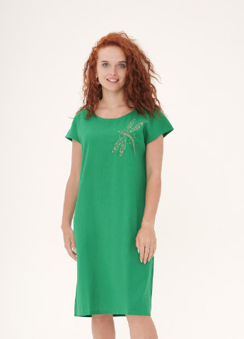 Зелена кежуал льняна пряма сукня з вишивкою "літній метелик". INNOE однотонна