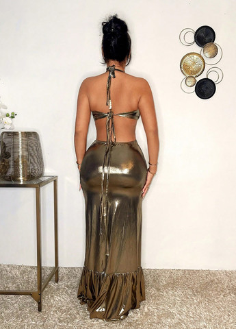 Золотистий вечірня сукня годе, з відкритою спиною, з відкритими плечима SHEIN однотонна