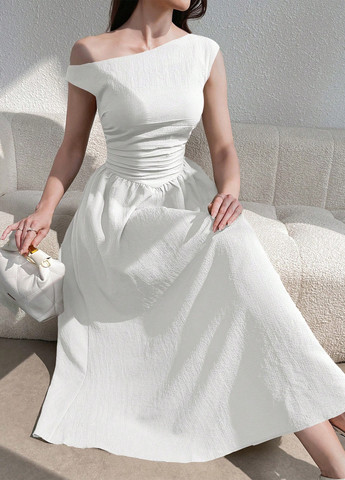 Білий кежуал, коктейльна сукня кльош, на одне плече SHEIN однотонна