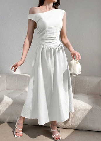 Білий кежуал, коктейльна сукня кльош, на одне плече SHEIN однотонна