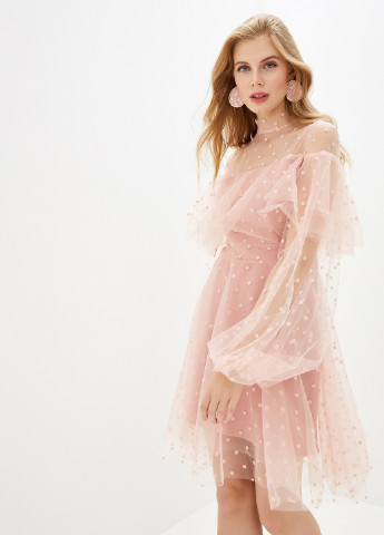 Світло-рожева коктейльна ніжна рожева сукня кльош Gepur в горошок