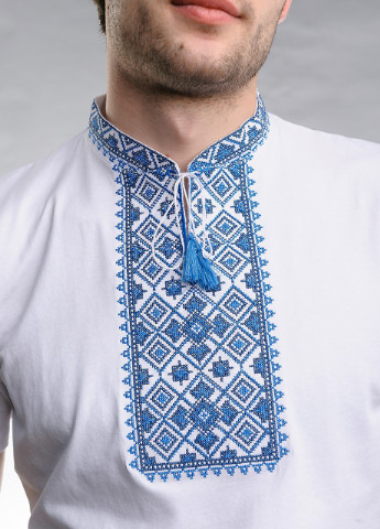 Белая вышиванка с коротким рукавом звездное сияние белая с красным Melanika узор геометрический приталенная хлопок органический (249631207)