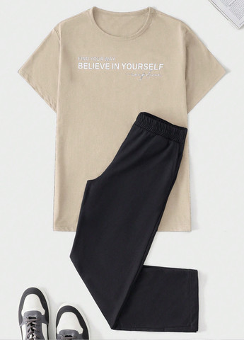 Бежевий літній комплект (футболка, штани) SHEIN