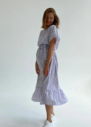 Белое кэжуал платье для беременных кормящих мам с секретом для кормления в горошек пудра To Be в горошек