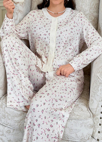 Кремовая всесезон пижама (рубашка, брюки) рубашка + брюки SHEIN