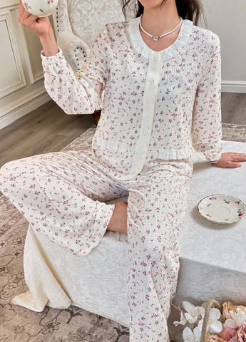 Кремовая всесезон пижама (рубашка, брюки) рубашка + брюки SHEIN