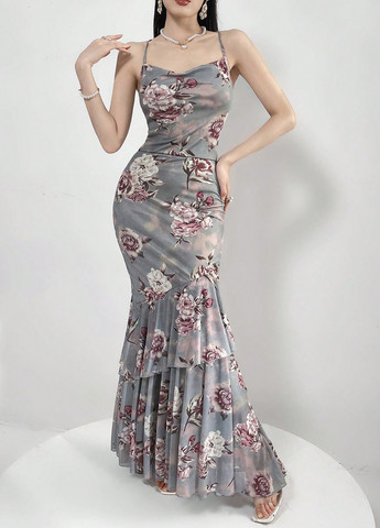 Сіра кежуал сукня годе, з відкритою спиною SHEIN з квітковим принтом