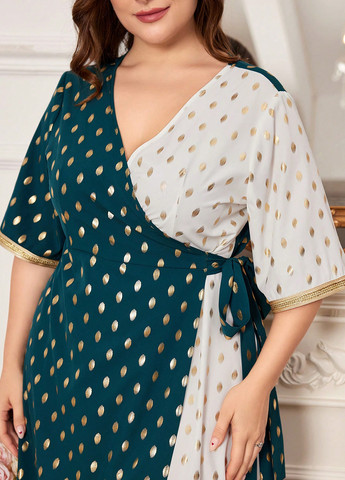 Комбинированное кэжуал платье на запах SHEIN в горошек