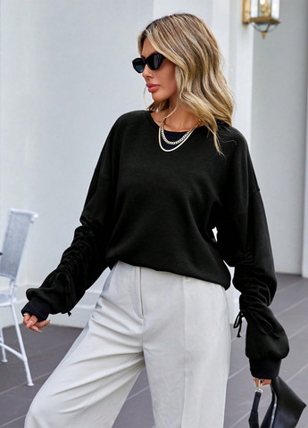 Чорний світшот SHEIN однотонний зав'язки, складки (316740392)