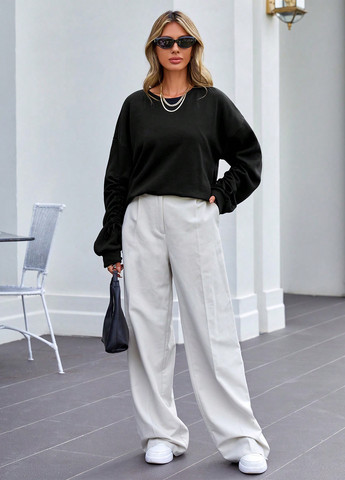 Чорний світшот SHEIN однотонний зав'язки, складки (316740392)