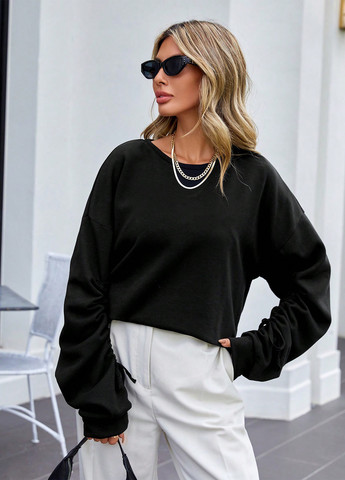 Чорний світшот SHEIN однотонний зав'язки, складки (316740392)