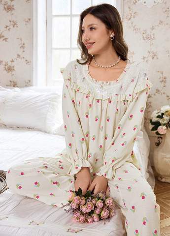 Кремовая всесезон пижама (лонгслив, брюки) лонгслив + брюки SHEIN