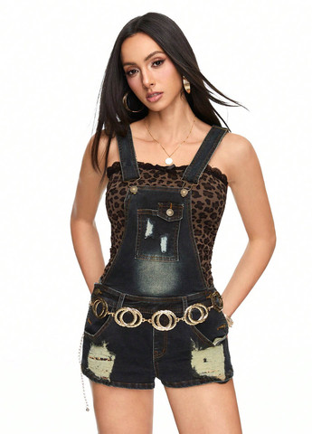 Комбінезон SHEIN комбінезон-шорти однотонний синій джинсовий, кежуал бавовна, джинс