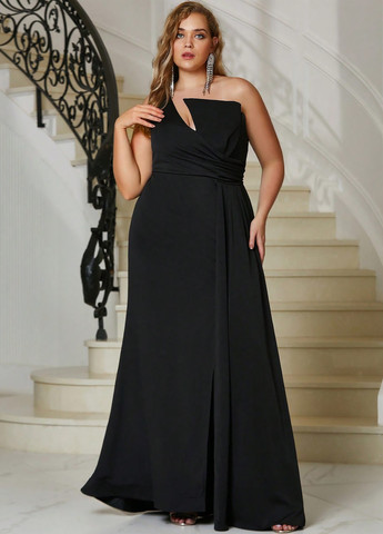 Черное вечернее платье а-силуэт, с открытыми плечами SHEIN однотонное