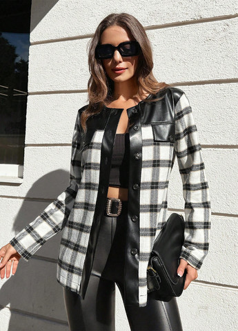 Черно-белое Кэжуал полупальто однобортное SHEIN в клетку