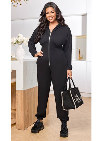 Комбінезон No Brand комбінезон-брюки однотонний чорний спортивний, кежуал поліестер, трикотаж