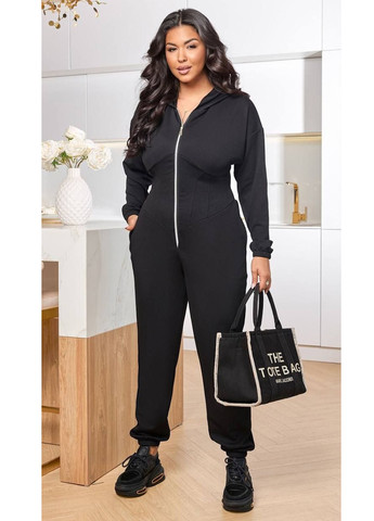 Комбінезон No Brand комбінезон-брюки однотонний чорний спортивний, кежуал поліестер, трикотаж
