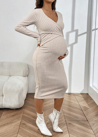 Светло-бежевое кэжуал платье для беременных и кормящих матерей силуэтная SHEIN однотонное