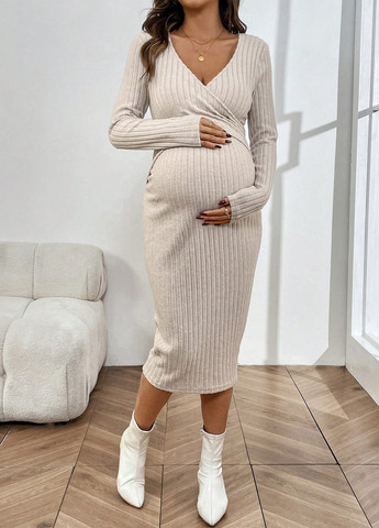 Светло-бежевое кэжуал платье для беременных и кормящих матерей силуэтная SHEIN однотонное