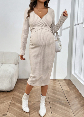 Светло-бежевое кэжуал платье для беременных и кормящих матерей силуэтная SHEIN однотонное