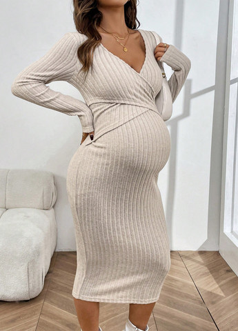 Светло-бежевое кэжуал платье для беременных и кормящих матерей силуэтная SHEIN однотонное