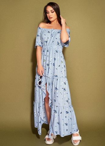 Голубое кэжуал платье с открытыми плечами LibeAmore с цветочным принтом